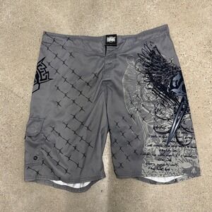 VIntage Y2K MMA Elite Skater Skull Grunge Surf Swim Trunks Board Shorts Mens XL